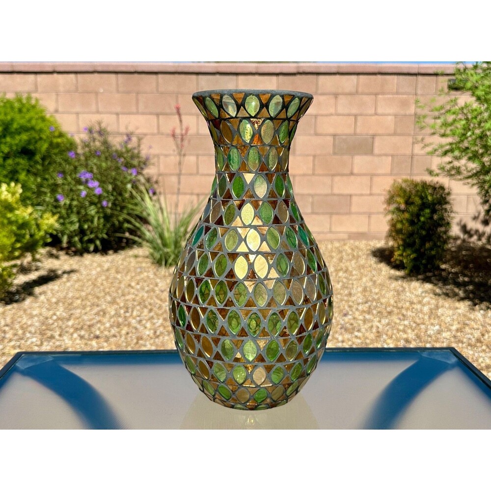 Mosaic Art Glass Vase Night Iridescence Handmade Intricate Green Gold Flared Rim